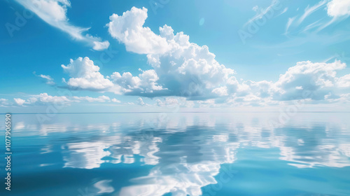 Calm lake under a vast sky filled with soft clouds, the horizon stretching endlessly as the water mirrors the sky above