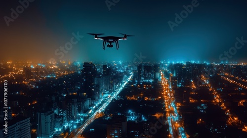 Drone Flying Over Night City