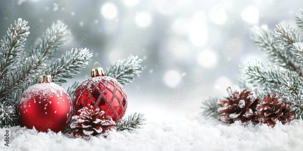 Red Christmas ornaments in snowy setting Red Christmas ornaments in snowy setting
