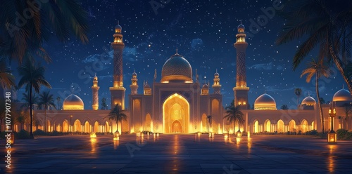 Illuminated Mosque with Palm Trees Under a Starry Night Sky photo