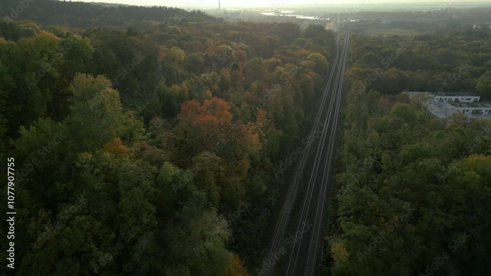 Railway tracks run through a dense forest with colorful autumn foliage captured from above Railway tracks run through a dense forest with colorful autumn foliage captured from above