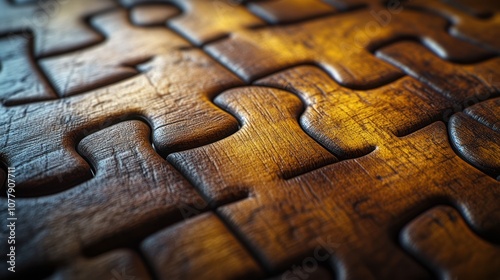 Close-up of wooden jigsaw puzzle with interlocking pieces.