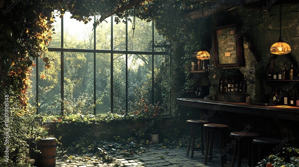 Rustic Bar Interior with Stone Wall and Green Plants Rustic Bar Interior with Stone Wall and Green Plants