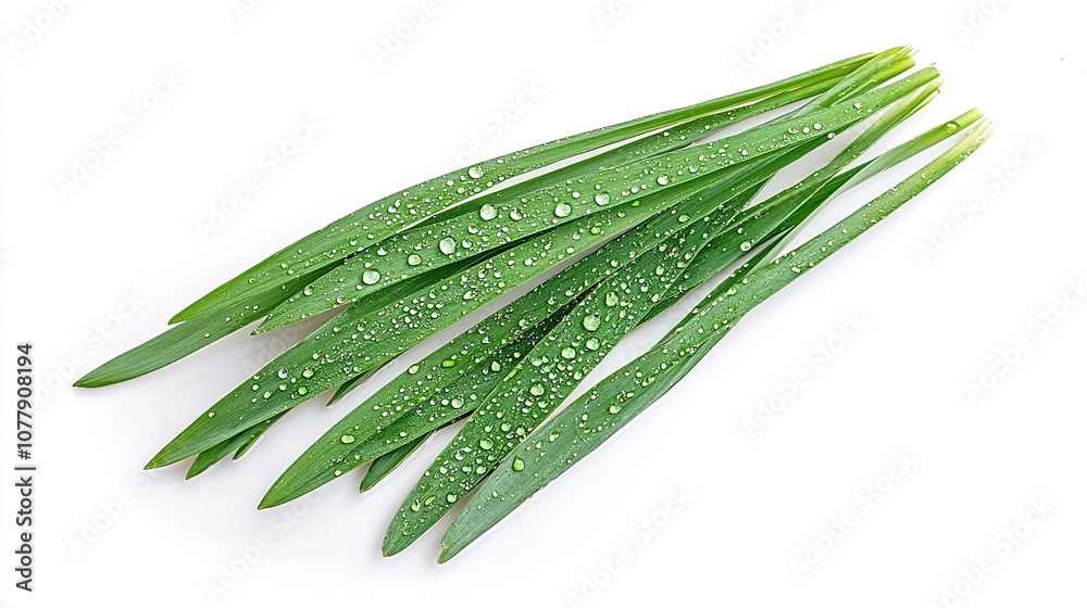 Thin grass blades with dewdrops, placed on a clean white background
