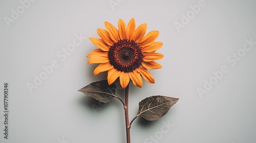 Sunflower with bright yellow petals and a large brown center, vividly standing out on a white background