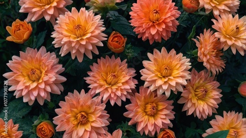 Bunch of orange flowers with green leaves