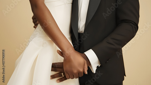 Newlyweds hold each other's hands to signal a new beginning.