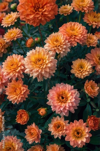 Bunch of orange flowers with green leaves