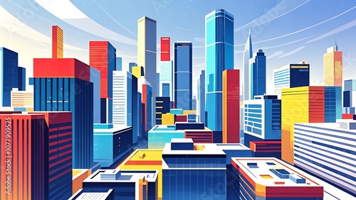 A modern city skyline with colorful buildings - A vibrant vector representation of a city skyline with a range of modern, boxy buildings in bright colors like blue, red, and yellow, set against a clea photo