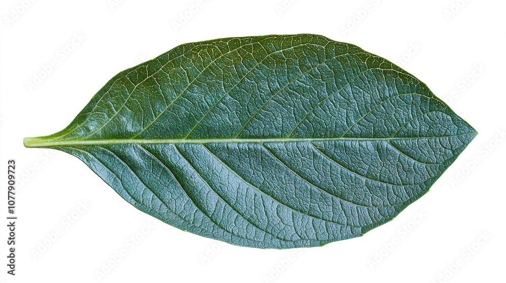 Obraz premium Single leaf of basil, deep green with natural veins, isolated on a stark white background