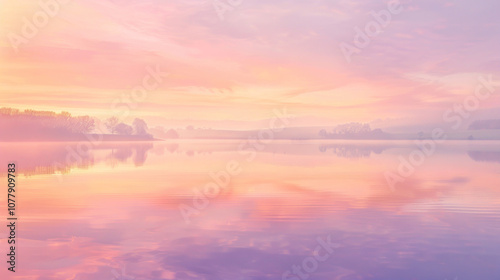 Dawn over a tranquil lake, the water reflecting the soft pinks and oranges of the sky as the world slowly wakes up