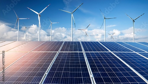Wind turbine and solar panel stand tall against the blue sky, generating clean, renewable energy for a sustainable future