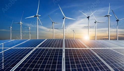 Wind turbine and solar panel stand tall against the blue sky, generating clean, renewable energy for a sustainable future