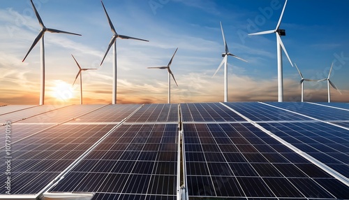 Wind turbine and solar panel stand tall against the blue sky, generating clean, renewable energy for a sustainable future