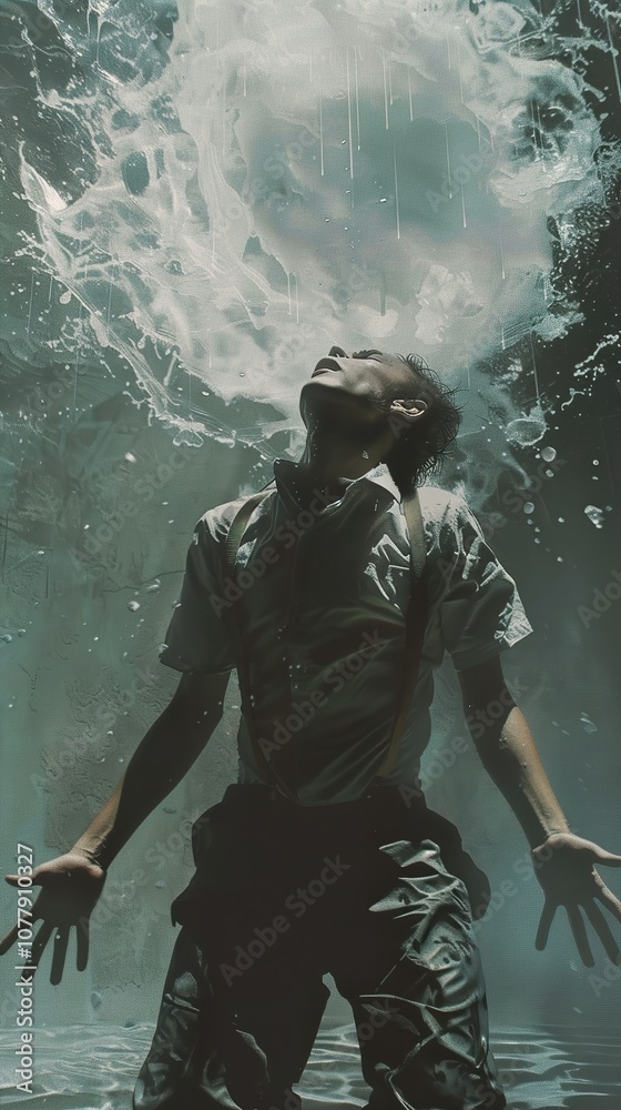 Obraz premium Man Submerged in Water, Dramatic Pose, Surreal Art Photography