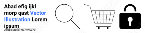 Magnifying glass, shopping cart, and lock icon representing search, online shopping, and security. Ideal for e-commerce, digital marketing, online security, internet services, website design, mobile