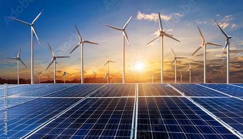 Wind turbine and solar panel stand tall against the blue sky, generating clean, renewable energy for a sustainable future