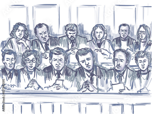Pen and ink sketch illustration of a courtroom trial setting a jury of twelve 12 person juror on a court case drama in judiciary court of law and justice viewed from front.
