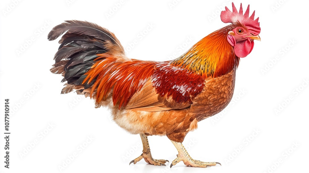 Fototapeta premium Proud rooster with bright feathers, standing on a white background