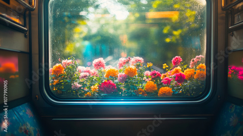 Flowers fill subway car window floral colorful rainbow blossom fashion vibrant background. 3D wild floral romantic beauty modern dreamy card wallpaper