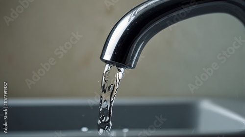 water flowing from the tap, closeup shot with tap dripping water-drop. Water leaking, saving concept.