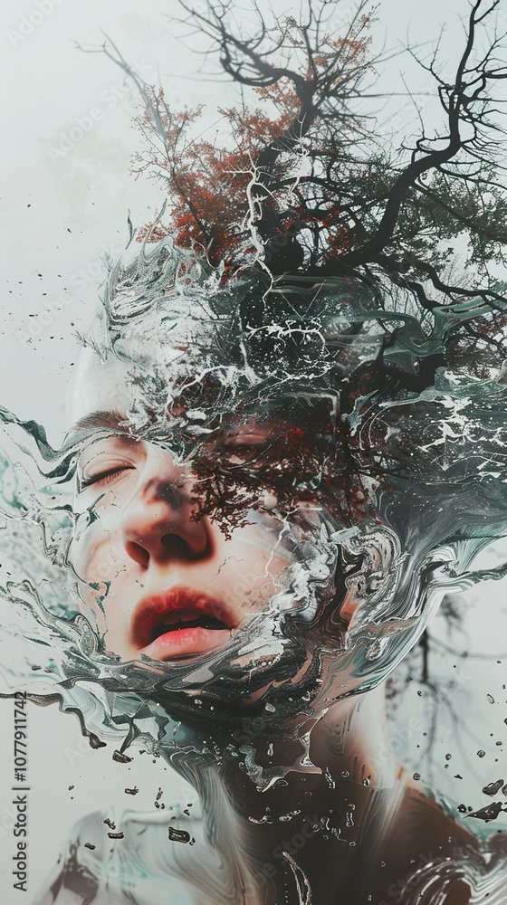 Fototapeta premium Surreal Abstract Portrait with Water and Tree Branches - Dreamlike Art