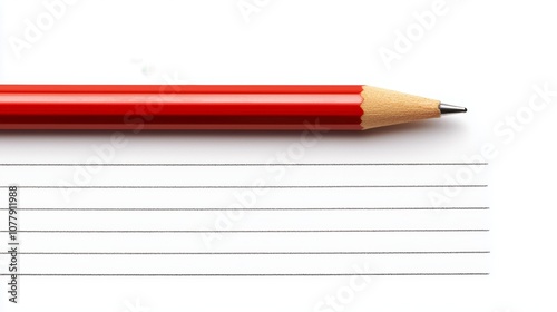 A red pencil rests next to a series of evenly spaced horizontal lines on white paper, ideal for writing or drawing.