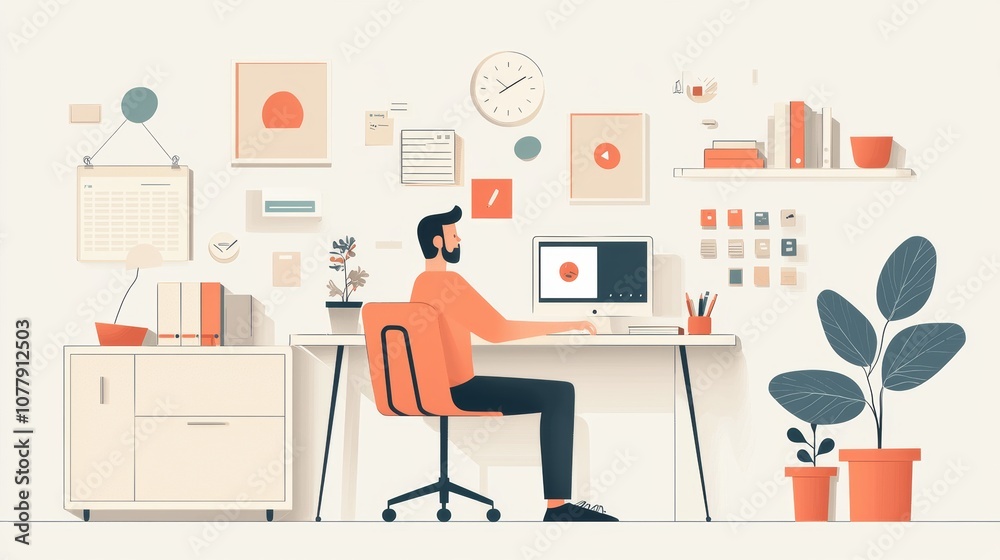 Fototapeta premium Embracing Hybrid Work: Blending the Office and Home Environments in Illustration