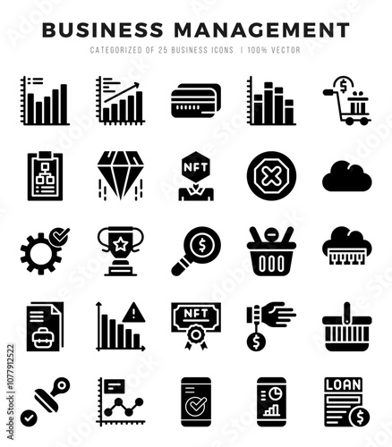 Business Management Icons Pack. Glyph icons set. Glyph icon collection set.