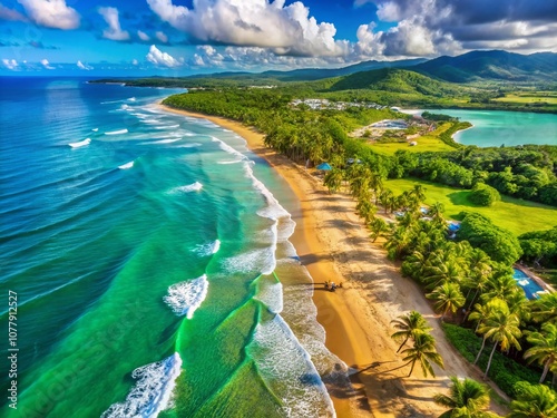 Aerial View of Luquillo Beach: Crystal Clear Waters and Lush Green Surroundings Showcasing the Natural Beauty of Puerto Rico’s Coastal Paradise photo