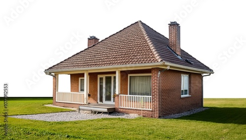 Wooden cottage with a green roof nestled amidst lush greenery, offering a serene escape