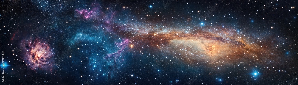 A stunning view of a galaxy filled with stars, nebulae, and cosmic dust. A stunning view of a galaxy filled with stars, nebulae, and cosmic dust.