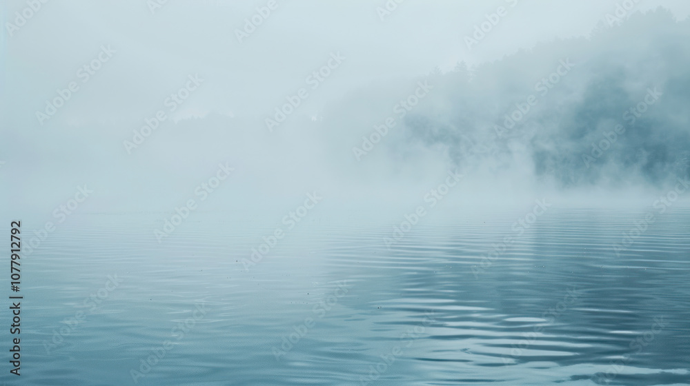 Early morning lake reflection with soft mist hovering above the water, the scene calm and mystical Early morning lake reflection with soft mist hovering above the water, the scene calm and mystical