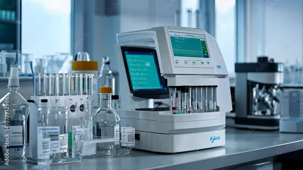 A laboratory machine with test tubes sits on a table, surrounded by other equipment A laboratory machine with test tubes sits on a table, surrounded by other equipment