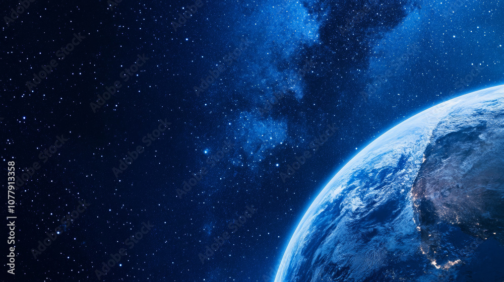 Fototapeta premium Earth in space universe planet with shiny star dark blue technology science background with copy space. astronomy starry sky shimmering glow wallpaper