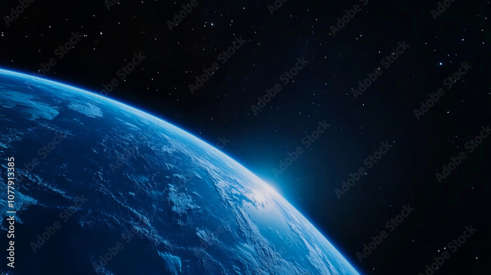 Fototapeta premium Earth in space universe planet with shiny star dark blue technology science background with copy space. astronomy starry sky shimmering glow wallpaper