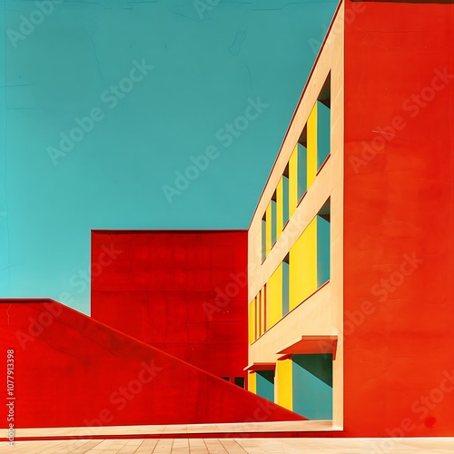 A geometric architectural design featuring a striking red wall.