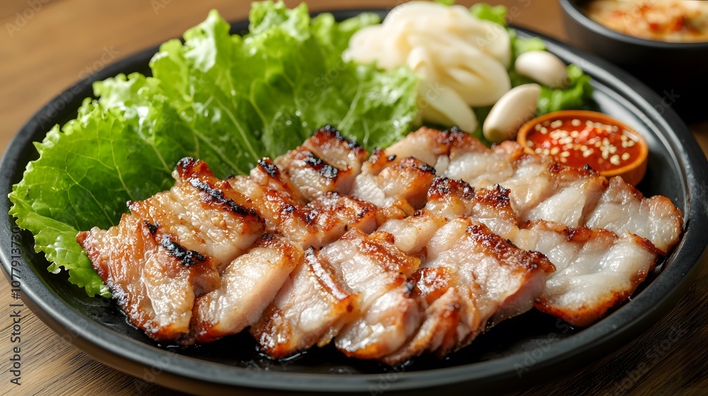 A plate of samgyeopsal, grilled pork belly served with lettuce, garlic, and ssamjang for wrapping.
A plate of samgyeopsal, grilled pork belly served with lettuce, garlic, and ssamjang for wrapping.