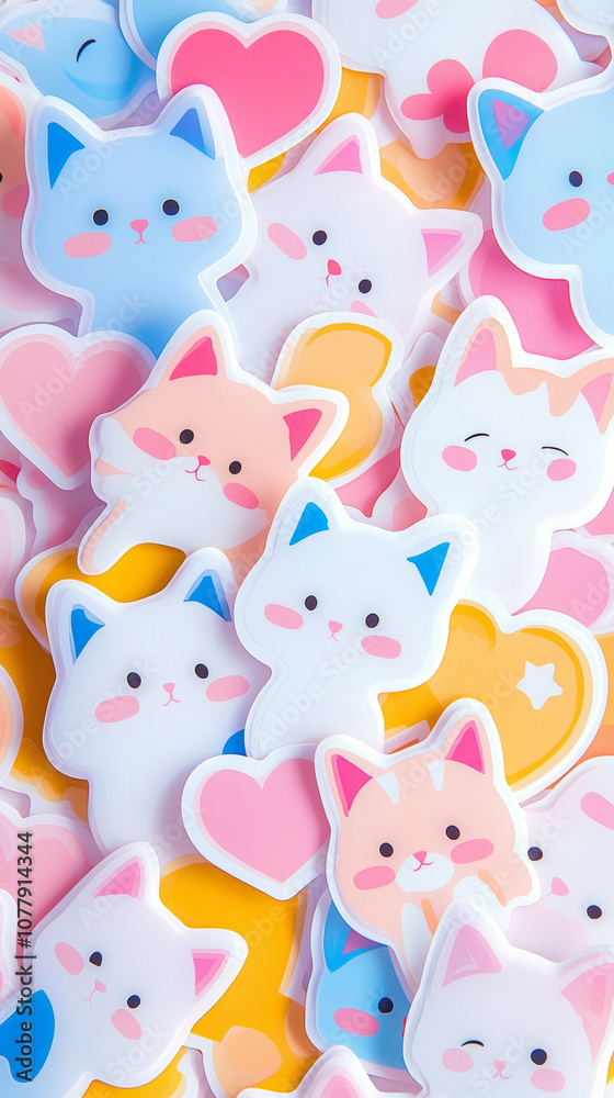Collage of cute cat kitties with cheerful happy pose paws print celebrate festive sticker pink blue background. star and heart sticker decoration fun playful party fashion new year pet wallpaper
