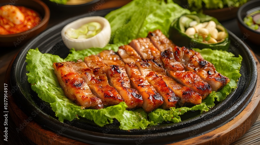 A plate of samgyeopsal, grilled pork belly served with lettuce, garlic, and ssamjang for wrapping.
A plate of samgyeopsal, grilled pork belly served with lettuce, garlic, and ssamjang for wrapping.