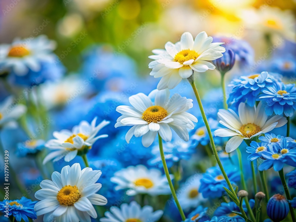 Fototapeta premium A Lush Display of White and Blue Flowers with Vibrant Yellow Centers in a Serene Garden Setting, Perfect for Nature Lovers and Floral Enthusiasts Seeking Tranquility