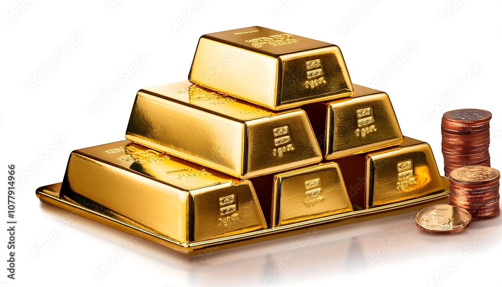 Golden ingots, symbols of wealth and financial success, stacked high on a pristine white background Golden ingots, symbols of wealth and financial success, stacked high on a pristine white background