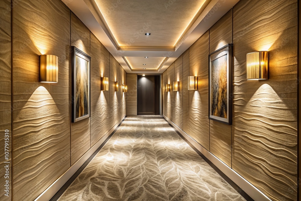 A Modern Hotel Corridor Featuring an Abstract Textured Wall, Illuminated by Sleek Wall Sconces and an Empty Canvas Frame for a Contemporary Artistic Ambiance