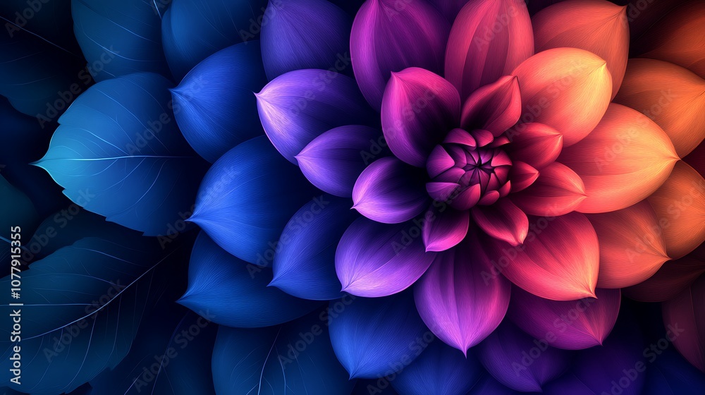 A vibrant, colorful, and abstract close-up of a single flower with layered petals. A vibrant, colorful, and abstract close-up of a single flower with layered petals.