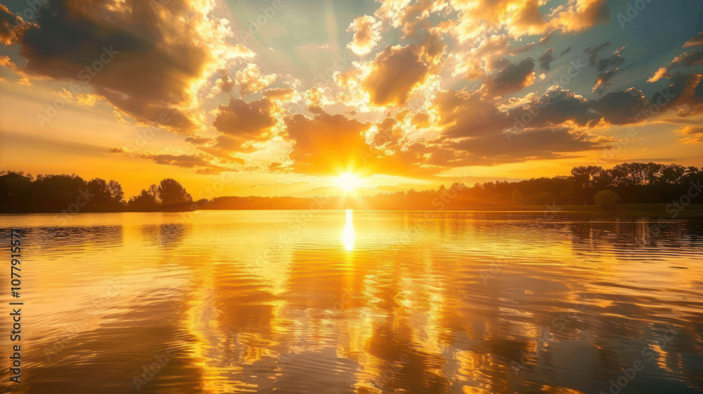 Golden sunset sky reflected on a calm lake, the water glowing with the last light of the day. Golden sunset sky reflected on a calm lake, the water glowing with the last light of the day.