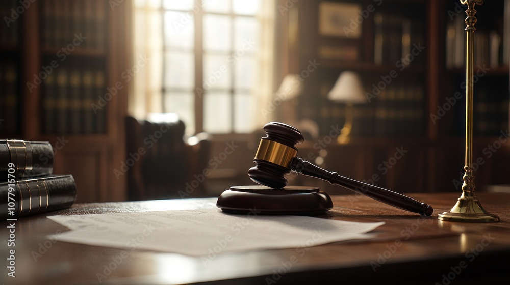 A gavel rests on a desk in a law office, symbolizing justice and legal proceedings. A gavel rests on a desk in a law office, symbolizing justice and legal proceedings.