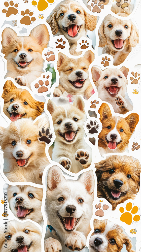 Obraz premium Collage of cute dog puppies with cheerful happy pose paws print celebrate festive sticker pink blue background. star and heart sticker decoration fun playful party fashion new year pet adorable wallpa