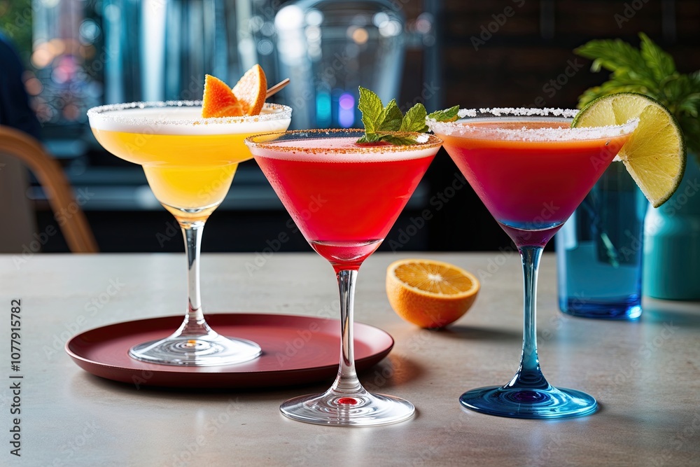 Vibrant Cocktail and Mocktail Showcasing Stylish Beverage Glasses Vibrant Cocktail and Mocktail Showcasing Stylish Beverage Glasses