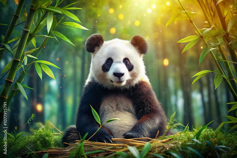 Obraz premium A Playful Panda Enjoys Its Bamboo Paradise Amidst Lush Greenery in a Serene Natural Habitat – Captivating Documentary Photography of Endangered Wildlife