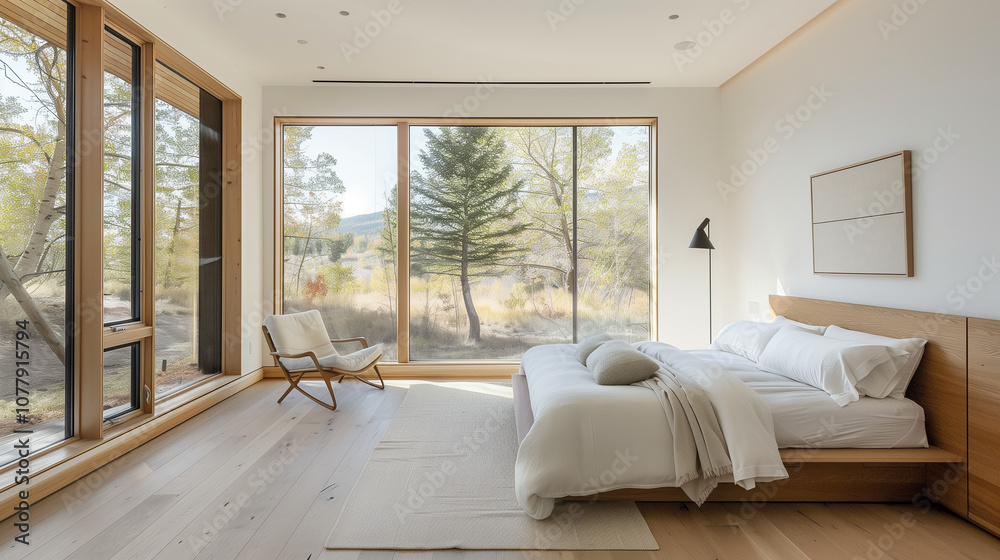 Fototapeta premium Modern bedroom with a minimalist platform bed, light wood flooring, white walls, and a cozy armchair next to a floor-to-ceiling window with natural light.